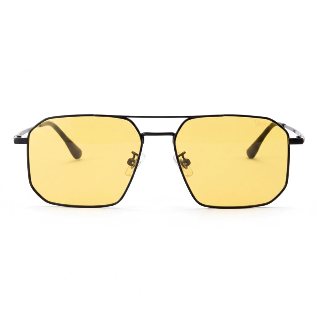 Sunglasses with yellow lenses and black frames on a white background