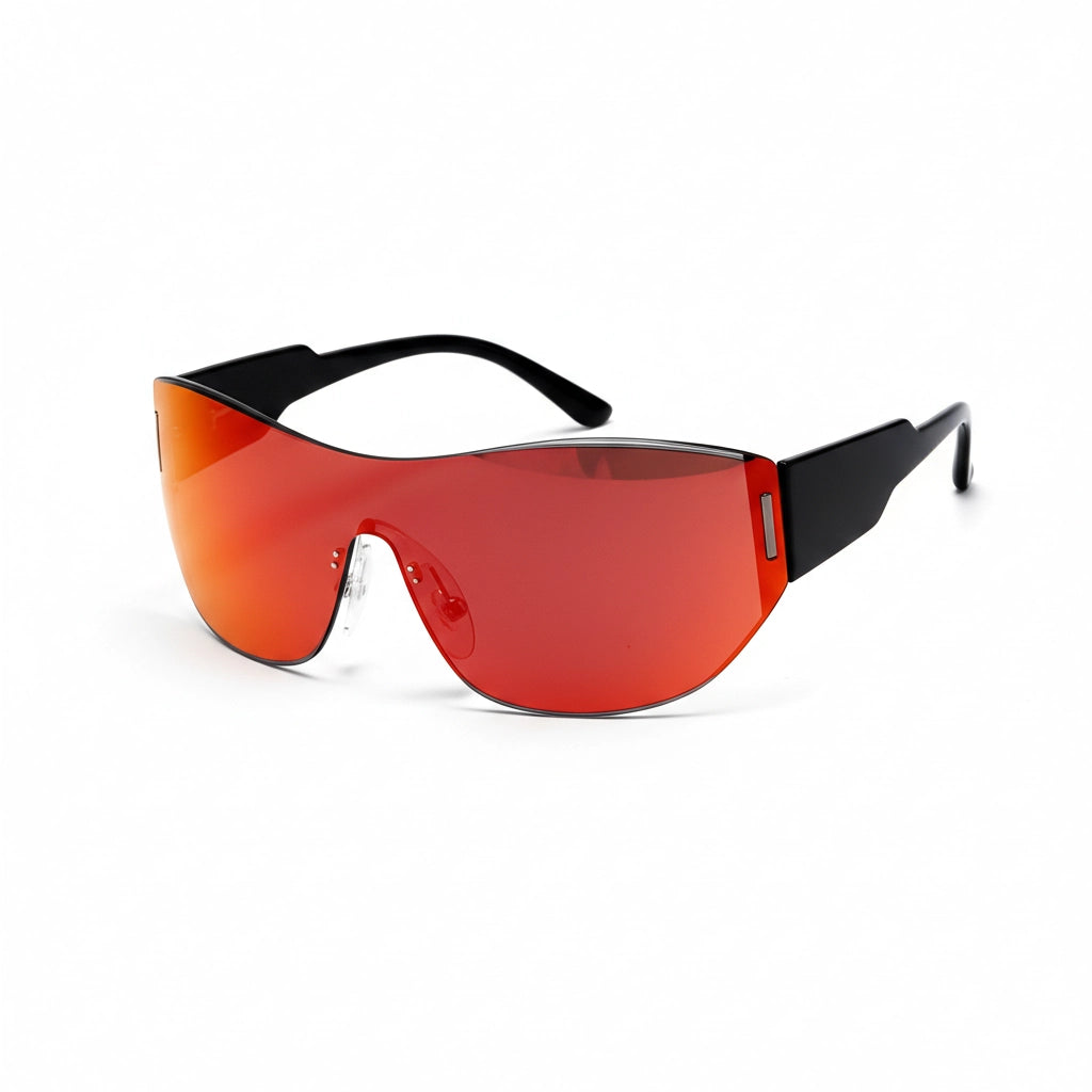 Sunglasses with red lenses and black frames on a white background
