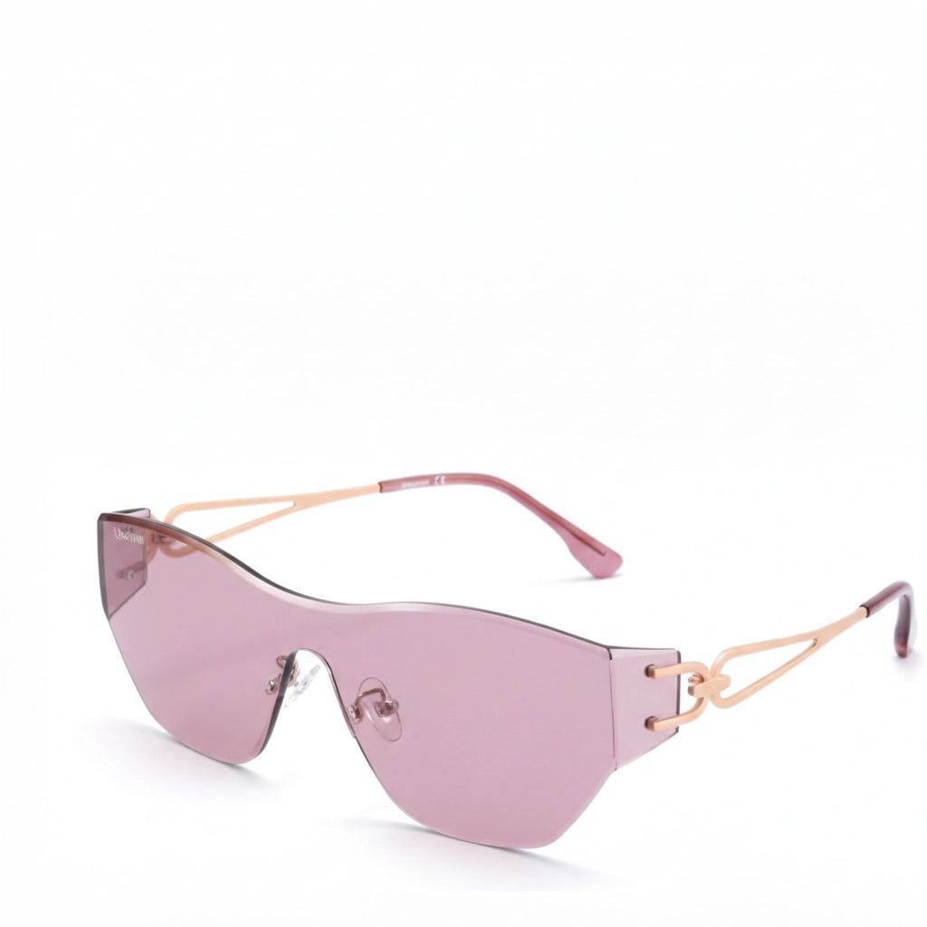 Sunglasses with pink lenses and gold frames on a white background
