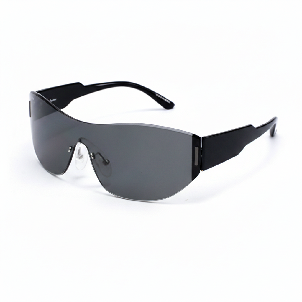 Black safety glasses with gray lenses on a white background
