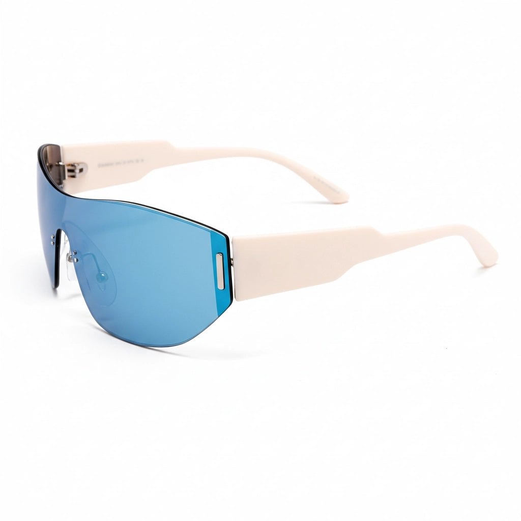Sunglasses with blue lenses and beige frame on a white background