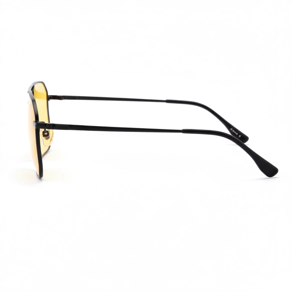 Sunglasses with black frame and yellow-tinted lenses on a white background