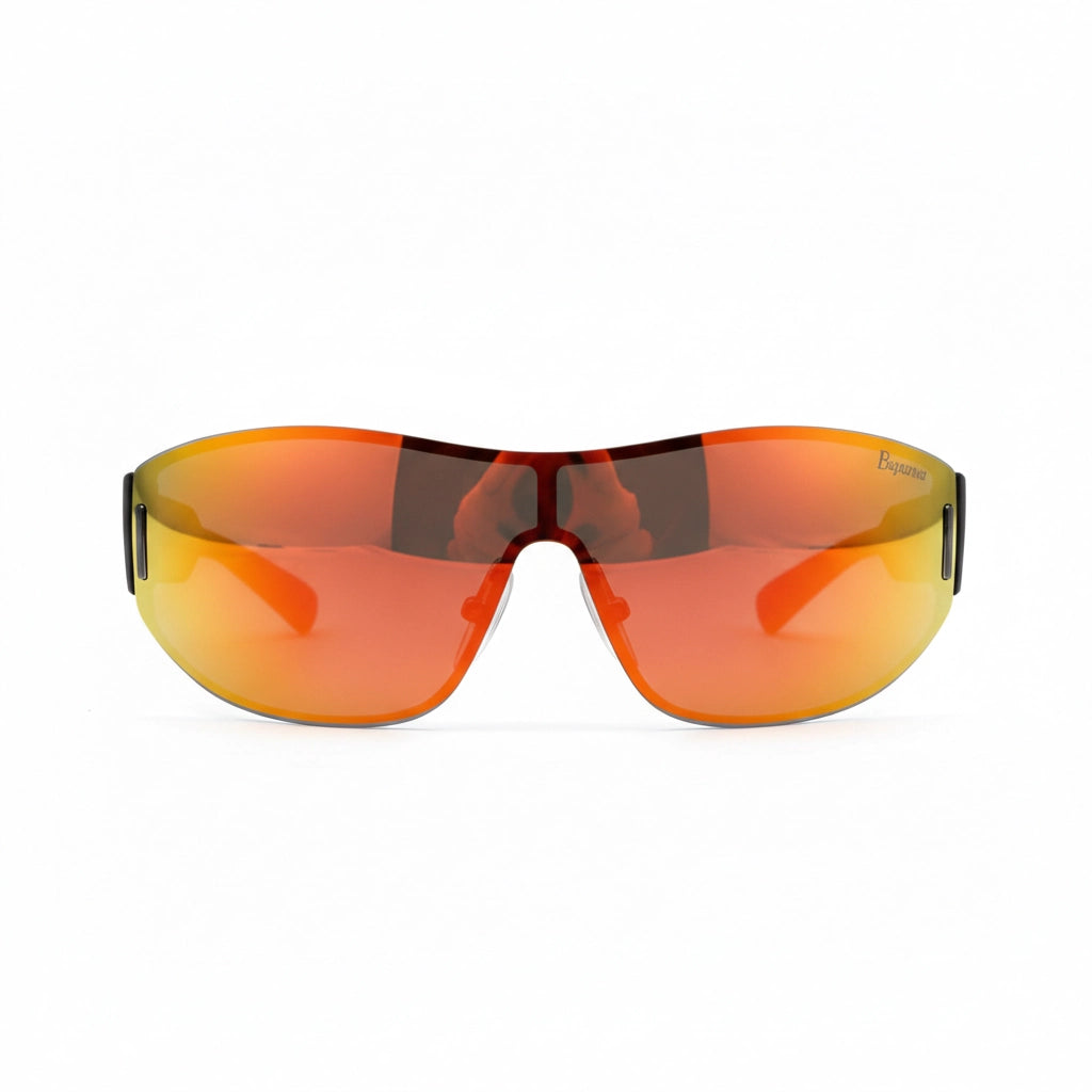 Sunglasses with orange reflective lenses on a white background