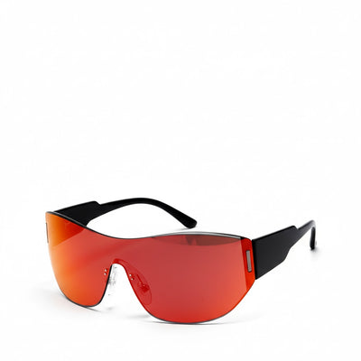 Sunglasses with red lenses and black frames on a white background
