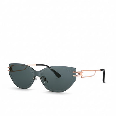 Sunglasses with rose gold frame and dark lenses on a white background