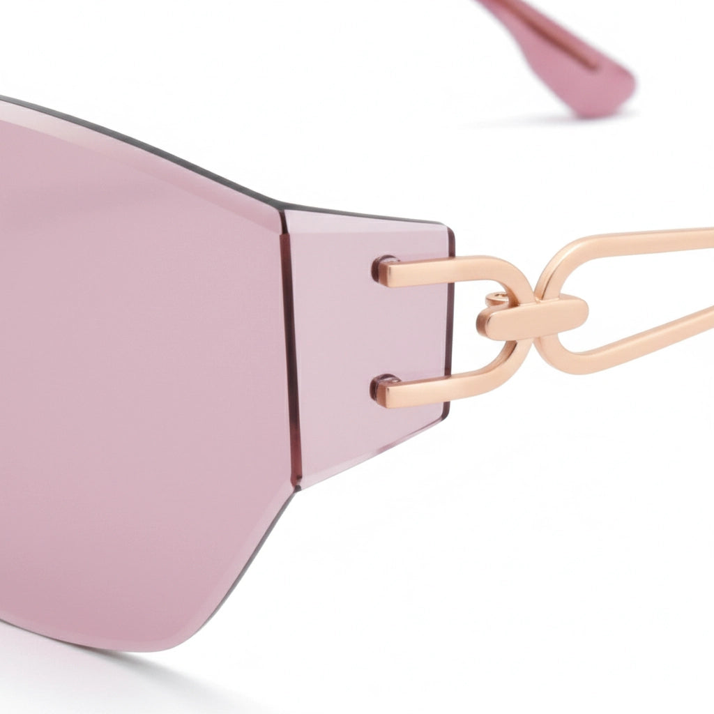 Sunglasses with pink lenses and rose gold chain detail on a white background