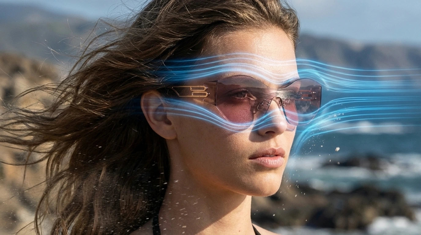 Person wearing futuristic goggles with a mountainous background