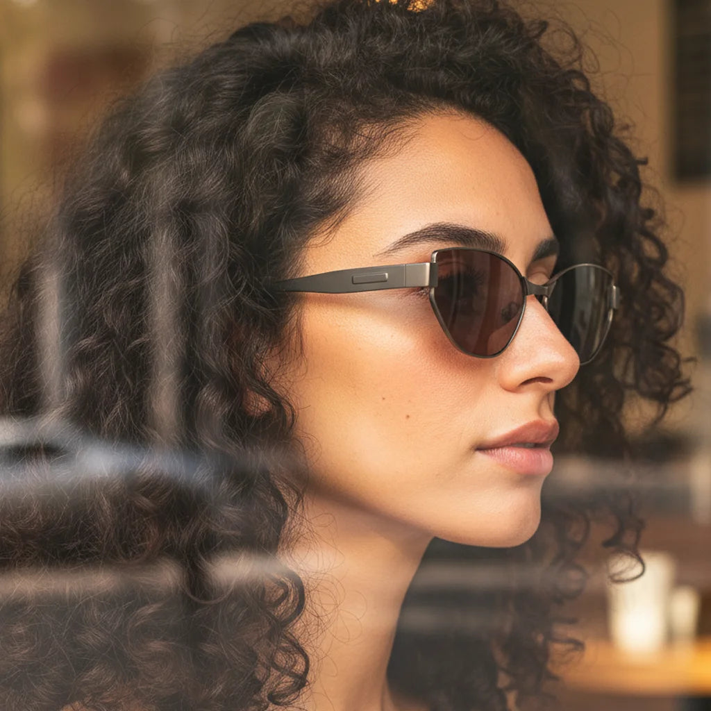 Side profile of woman with curly hair wearing silver titanium cat-eye sunglasses by the window