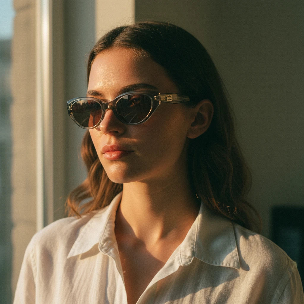 Long-haired model side profile wearing transparent grey-blue cat-eye sunglasses with gold BB temple in soft window light