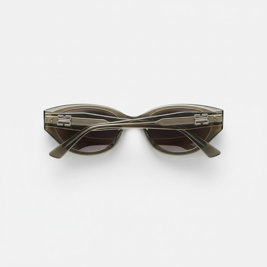 Temple close-up of transparent grey-tea cat-eye sunglasses, BB logo and clear acetate texture