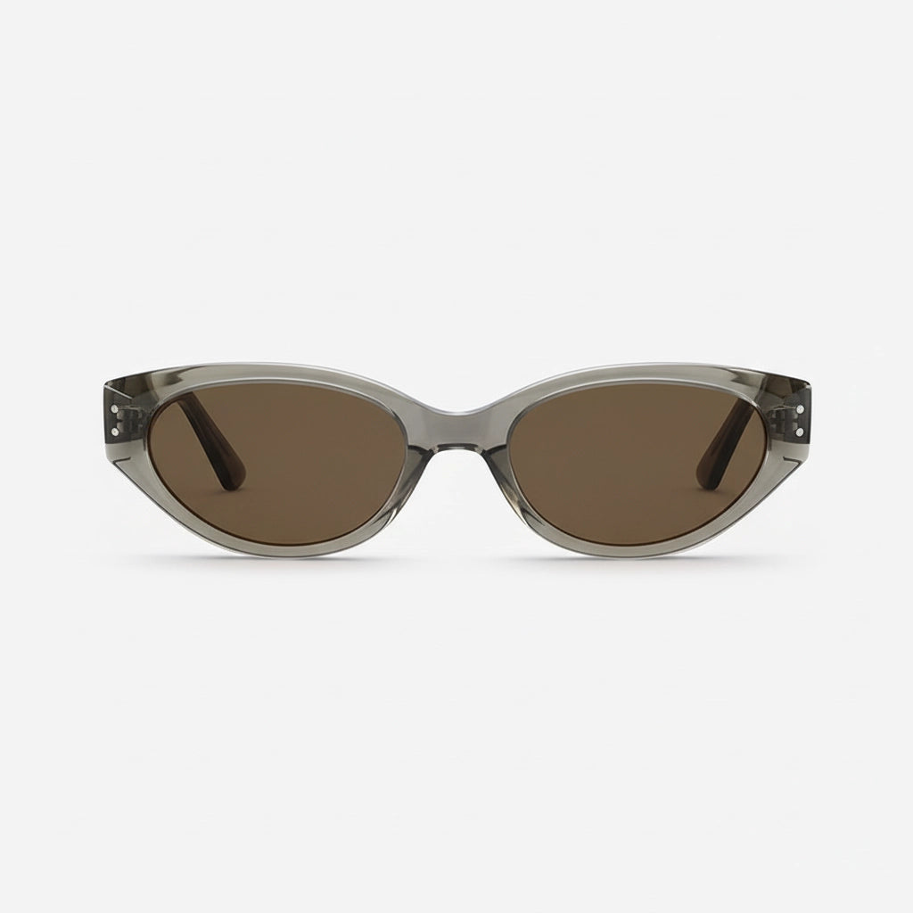 Straight front view of grey-tea transparent cat-eye sunglasses, premium acetate with tea lenses