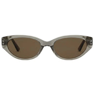 Straight front view of grey-tea transparent cat-eye sunglasses, premium acetate with tea lenses