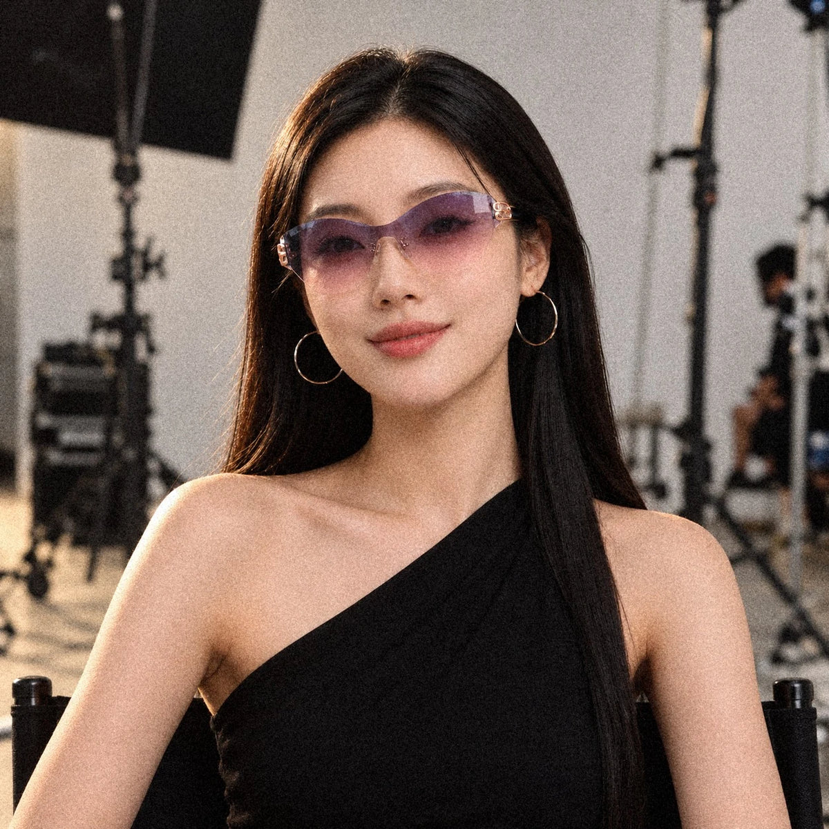BAPORSSA Vanguard rimless shield sunglasses in Blue-Pink Gradient, worn by a model on set