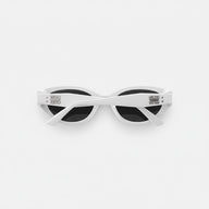 Front view of white cat-eye sunglasses on white background, dual silver BB logos
