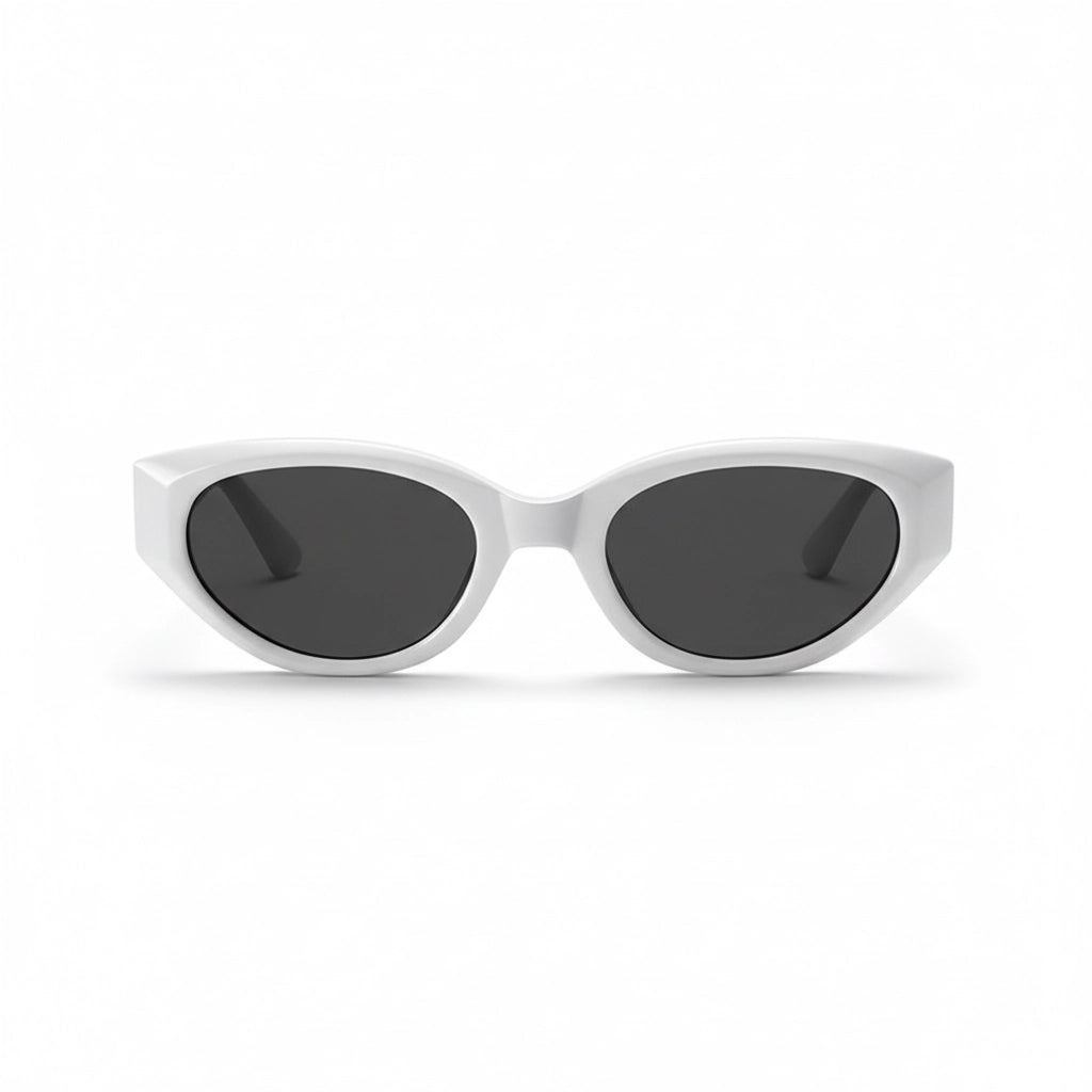 Straight front view of retro white cat-eye sunglasses, premium acetate with dark lenses