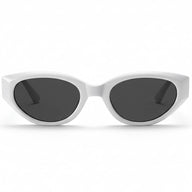 Straight front view of retro white cat-eye sunglasses, premium acetate with dark lenses
