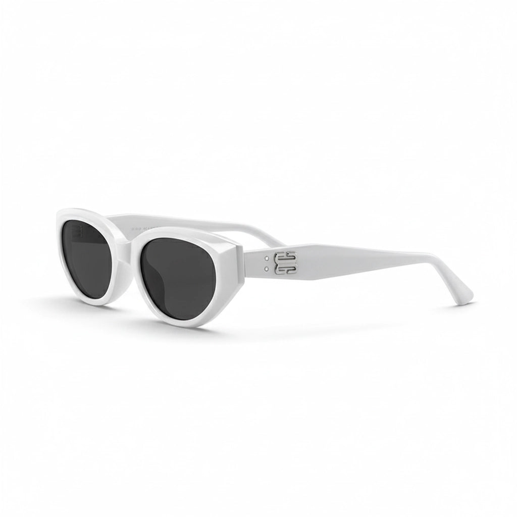 45-degree angle of white cat-eye sunglasses highlighting BB temple logo and acetate texture
