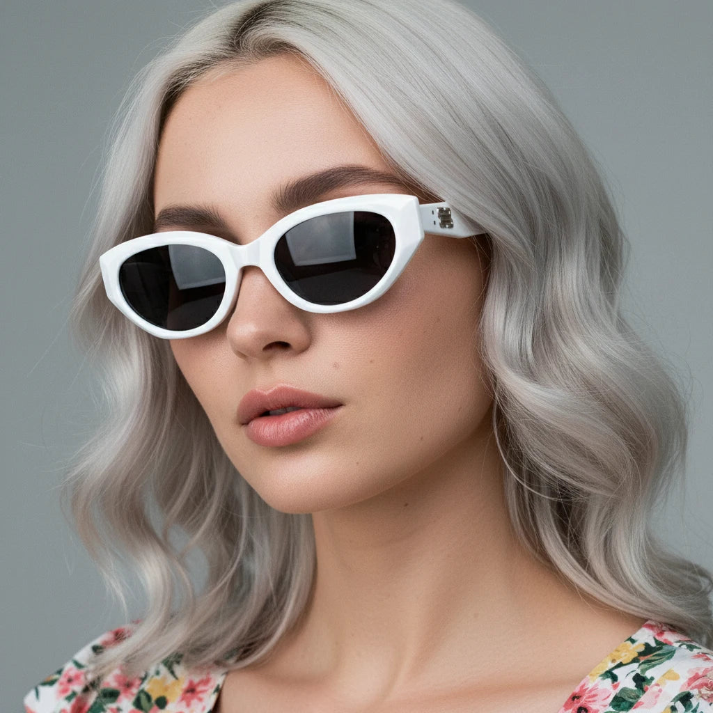Side profile of silver-haired model wearing white acetate cat-eye sunglasses with BB logo temple