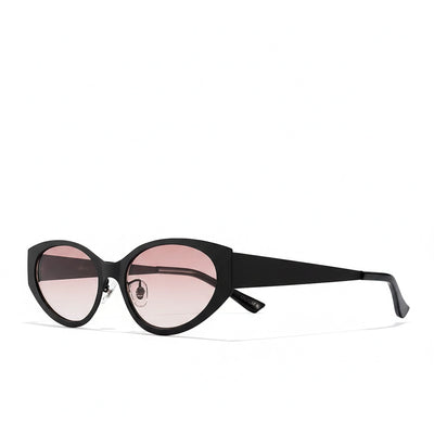 Black sunglasses with pink lenses on a white background