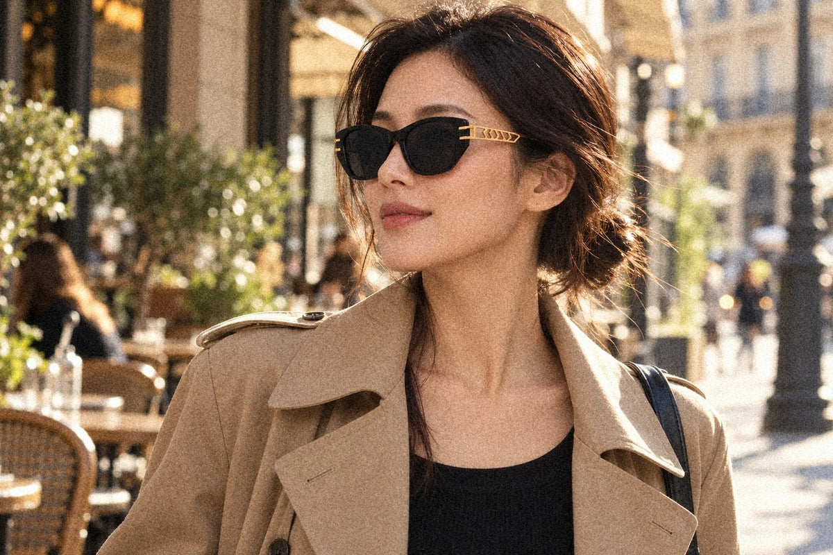 Noir in Gold Black: the 126 mm petite acetate front keeps the cat-eye lift neat and in proportion (Noir lenses are not polarized).